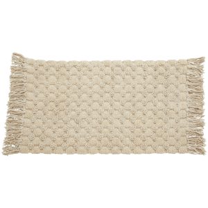 Off-white tuftad badrumsmatta LUNA med fransar och bubbligt mönster på vit bakgrund.
