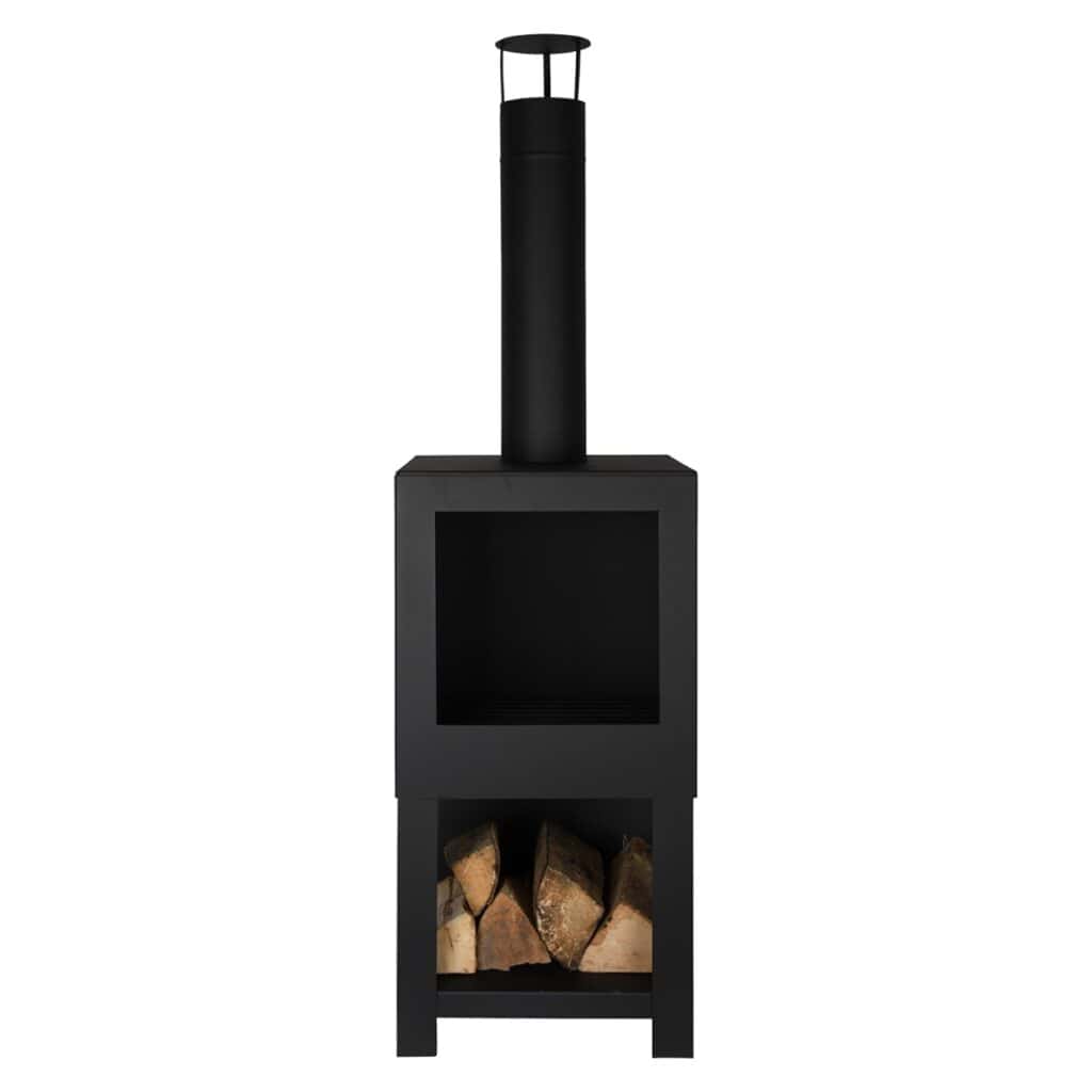 svart terrassvärmare med vedförvaring från Esschert Design