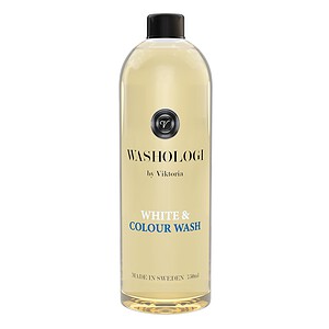 Flaska med WASHOLOGI Vit & Kulör Tvättmedel, 750 ml, med en lätt och mjuk doft av jasmin.