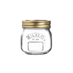 Kilner konserveringsburk 0,25 liter i glas med guldfärgat lock, perfekt för förvaring av sylter och marmelader.