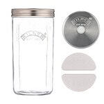 Kilner-glasburk med rostfritt lock, keramiska vikter och luftventil för fermentering.