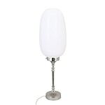 Bordslampa Evald från Strömshaga med avlång glaskupa i frostat vitt och elegant fot i förnicklad metall.