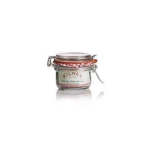 Kilner glasburk med tätslutande lock, rund modell, 0,125 liter, med den klassiska Kilner-logotypen och orange gummitätning.