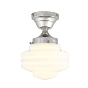 Taklampa VALTER från Strömshaga med tänd ljuskälla som lyser genom den opalvita glaskupan och förnicklad bas i klassisk design.