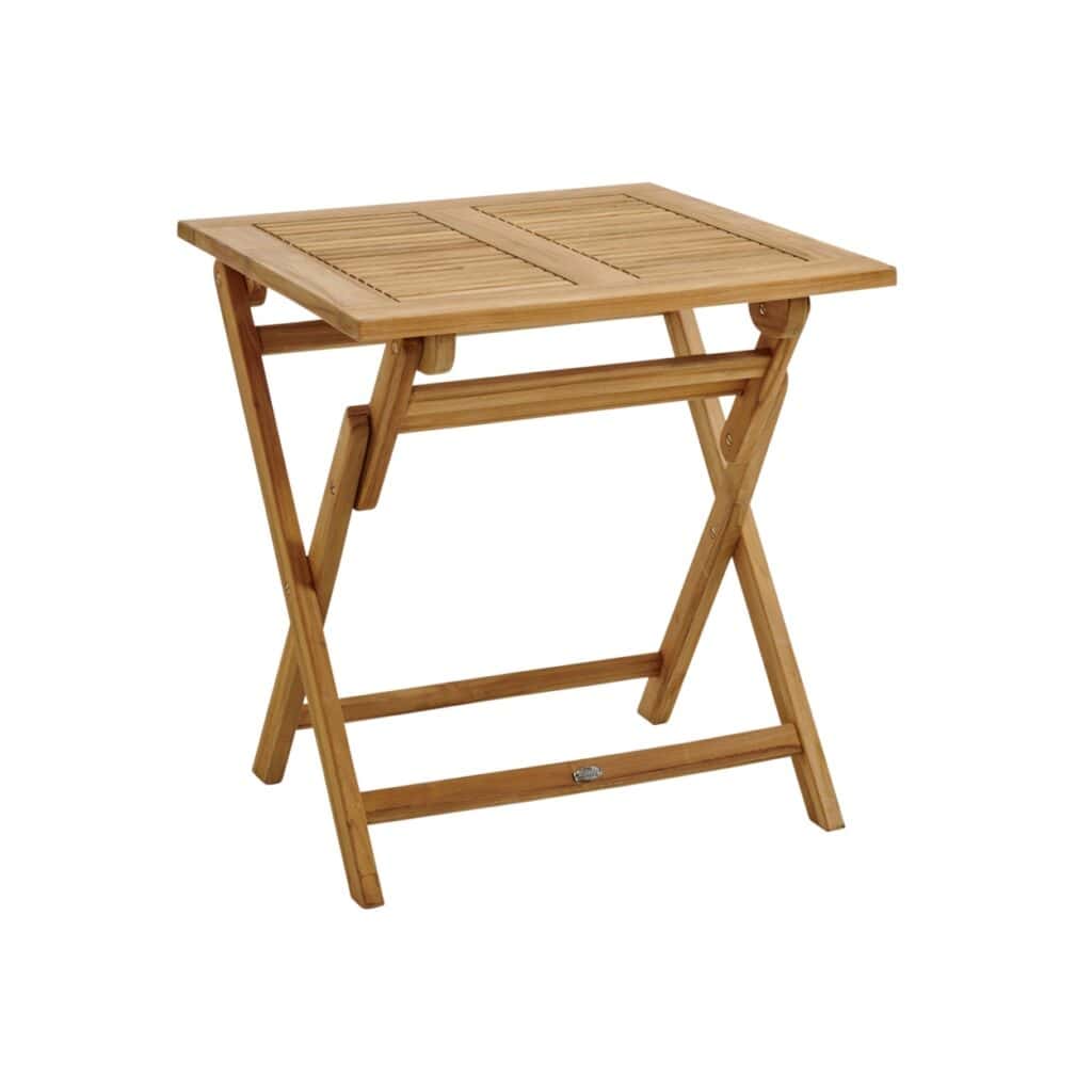 Fällbart cafébord i teak från Brafab, modell TURIN, med en kvadratisk bordsskiva och klassisk design.