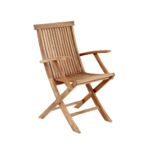 Fällbar karmstol i teak från Brafab – Turin med armstöd och ribbad rygg i naturfärgat trä.