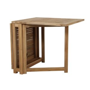 Turin klaffbord i teak från Brafab, delvis utfällt för att visa dess flexibla och platsbesparande design. Perfekt för balkonger och mindre uteplatser.