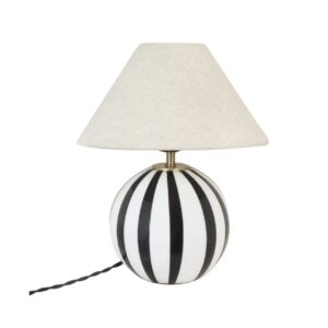 Lampfot ALBA från Strömshaga med en rund, svartvit randig glasfot och en beige lampskärm Hedvig. Elegant och tidlös design med tvinnad textilkabel.