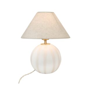 Lampfot Alba Opal Beige/Vit i munblåst glas med beigea ränder från Strömshaga, rund bordslampa med textilkabel och tidlös design.