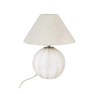 Lampfot Alba Opal Beige/Vit i munblåst glas med klassiska ränder från Strömshaga, tidlös bordslampa med beige textilkabel och separat lampskärm.