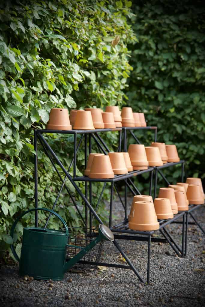 Trapphylla med terrakottakrukor och grön vattenkanna i trädgården – septemberförvaring och höstfix.