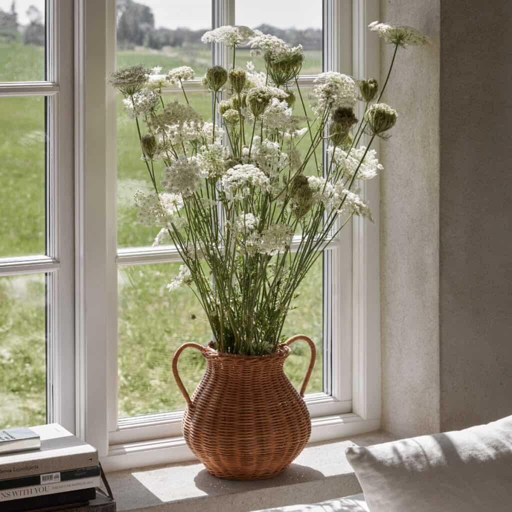 Vas i rotting med blommor placerad i fönster med dagsljus