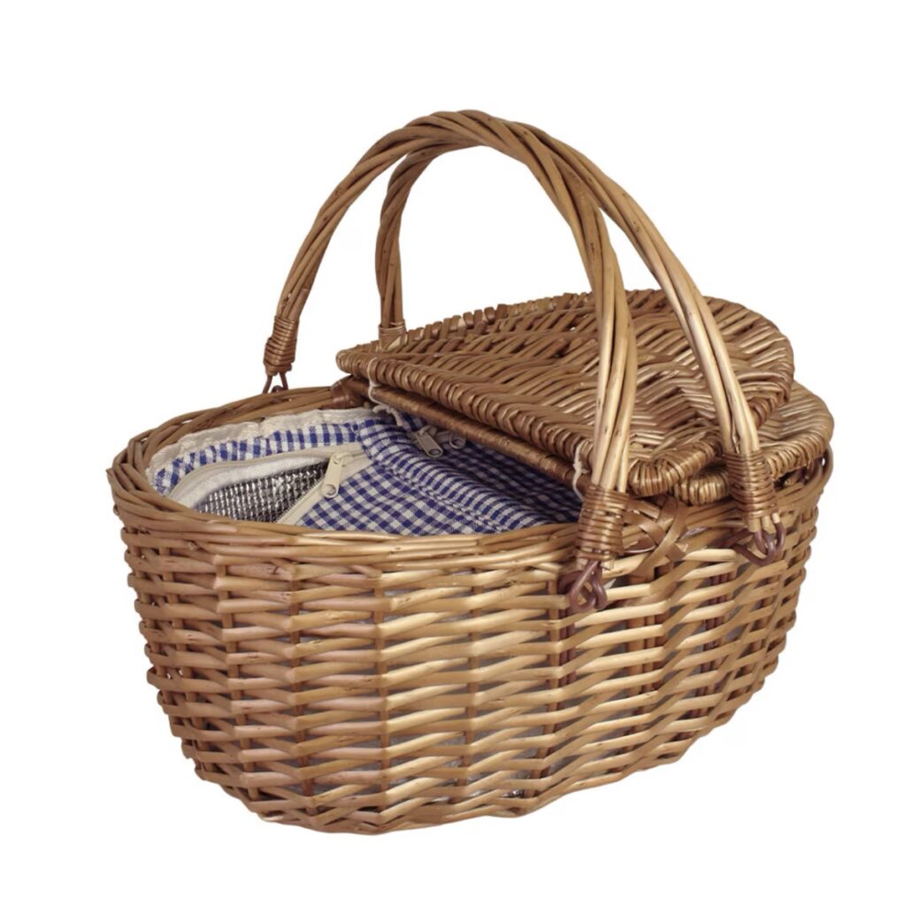 Picknickkorg i pil med blått kylfack och lock, modell Ina 39 cm