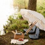 Randigt parasoll AUGUST i offwhite och blått vid sjö med picknick och sittdynor