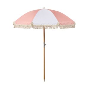 Randigt parasoll VALLETTA vit/rosa med fransar – 180×210 cm
