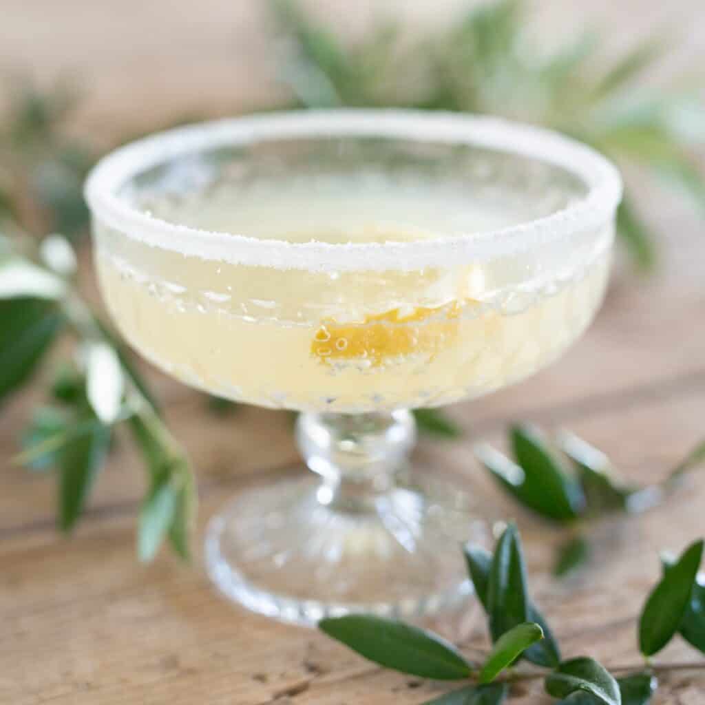 Coupéglas Elly i klart mönstrat glas med ljus drink och sockrad kant
